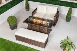 Rackhams Sydney 2 Seat Loveseat Sofa Rattan Garden Furniture Set Outdoor With Fire Pit Coffee Table & Bench - Brown - 1 - thumbnail 6