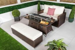 Rackhams Sydney 2 Seat Loveseat Sofa Rattan Garden Furniture Set Outdoor With Fire Pit Coffee Table & Bench - Brown - 1 - thumbnail 5