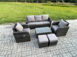 Rackhams Outdoor Rattan Garden Furniture Set Patio Lounge Sofa Set with Reclining Chair Rectangular Coffee Table 2 Small Footstool Dark Grey Mixed - thumbnail 2
