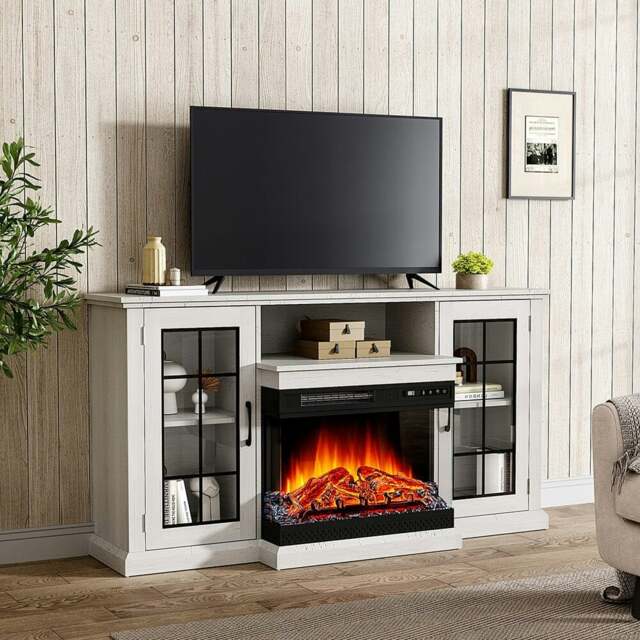 Rackhams 150CM W 3-sided electric fireplace TV cabinet with glass doors enclosed storage cabinet 3 flame colours - Fireplace and TV Stand - image 1