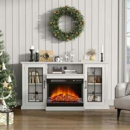 Rackhams 150CM W 3-sided electric fireplace TV cabinet with glass doors enclosed storage cabinet 3 flame colours - Fireplace and TV Stand - thumbnail 2