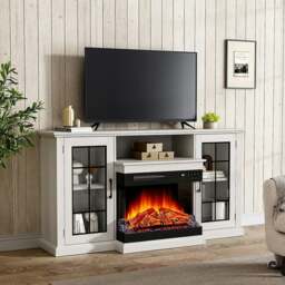 Rackhams 150CM W 3-sided electric fireplace TV cabinet with glass doors enclosed storage cabinet 3 flame colours - Fireplace and TV Stand