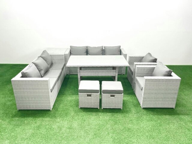 Rackhams Rattan Garden Furniture Set Outdoor 8 Seater Patio Dinin g Sofa Sets with Dining Table 2 Chairs Side Table 2 Small Footstools Light Grey Mixed - image 1