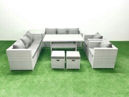 Rackhams Rattan Garden Furniture Set Outdoor 8 Seater Patio Dinin g Sofa Sets with Dining Table 2 Chairs Side Table 2 Small Footstools Light Grey Mixed - thumbnail 2