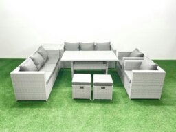 Rackhams Rattan Garden Furniture Set Outdoor 8 Seater Patio Dinin g Sofa Sets with Dining Table 2 Chairs Side Table 2 Small Footstools Light Grey Mixed - thumbnail 1