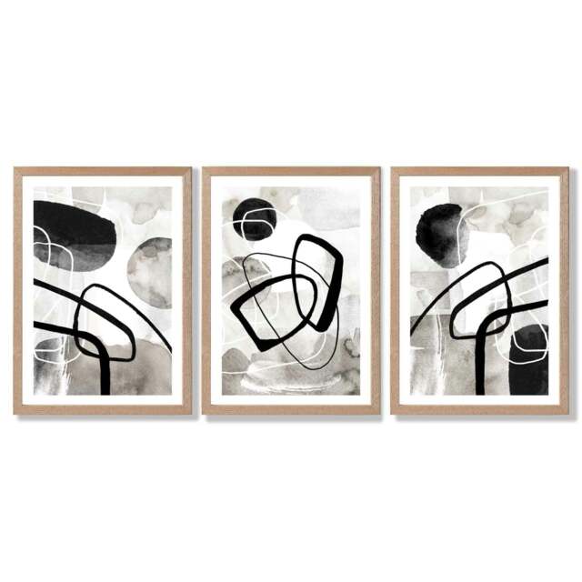 Rackhams Set of 3 Abstract Black Grey Watercolour Framed Wall Art - 42x59cm (A2) - Light Oak - image 1