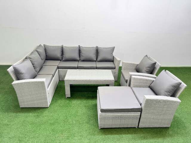 Rackhams Rattan Garden Furniture Set Outdoor 9 Seater Corner Sofa Sets with Oblong Coffee Table Chair Big Footstool Light Grey Mixed - image 1