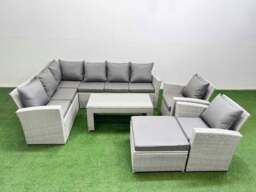 Rackhams Rattan Garden Furniture Set Outdoor 9 Seater Corner Sofa Sets with Oblong Coffee Table Chair Big Footstool Light Grey Mixed - thumbnail 1