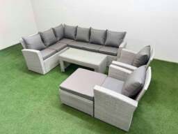 Rackhams Rattan Garden Furniture Set Outdoor 9 Seater Corner Sofa Sets with Oblong Coffee Table Chair Big Footstool Light Grey Mixed - thumbnail 2