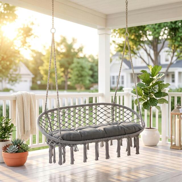 Rackhams Hanging Hammock Chair Macrame Seat for Patio Garden Yard Cream White - Dark Grey - image 1