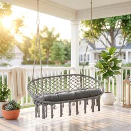 Rackhams Hanging Hammock Chair Macrame Seat for Patio Garden Yard Cream White - Dark Grey - thumbnail 1
