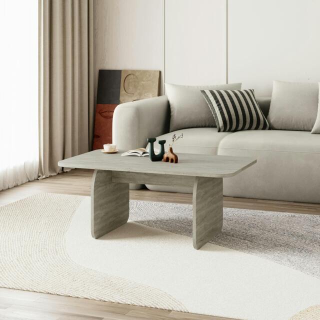 Rackhams Modern Coffee Table Radius Edges with Flat Panel Legs Japandi Style Particleboard Living Room 100cm - Travertine - image 1
