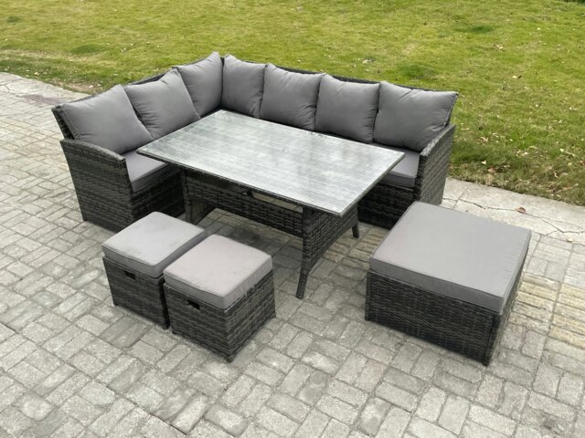 Rackhams 9 Seater Outdoor Rattan Garden Furniture Set with Rectangular Dining Table 3 Footstools Patio Wicker Corner Sofa Set Dark Grey Mixed - image 1