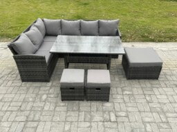 Rackhams 9 Seater Outdoor Rattan Garden Furniture Set with Rectangular Dining Table 3 Footstools Patio Wicker Corner Sofa Set Dark Grey Mixed - thumbnail 2