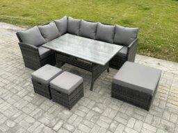Rackhams 9 Seater Outdoor Rattan Garden Furniture Set with Rectangular Dining Table 3 Footstools Patio Wicker Corner Sofa Set Dark Grey Mixed - thumbnail 1