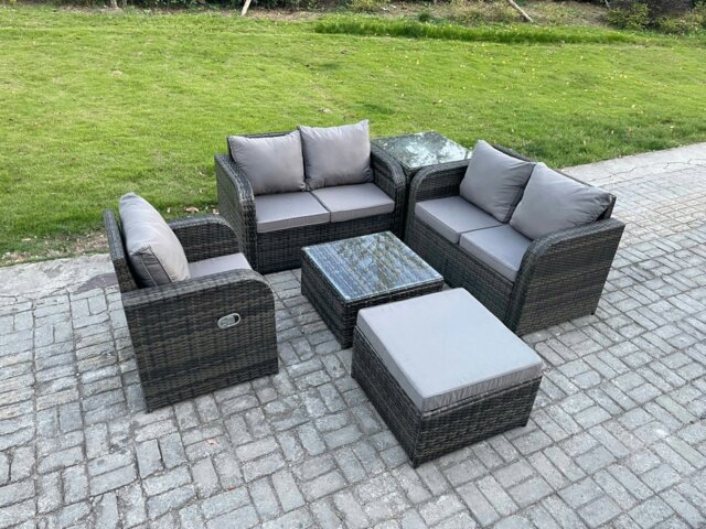 Rackhams 6 Piece Garden Furniture Sets 6 Seater Outdoor Patio Furniture Set Weaving Wicker Rattan Sofa Chair and Table with Big Footstool Side Table - image 1