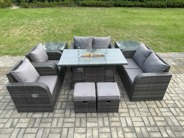Rackhams 8 Seater Rattan Garden Furniture Set Outdoor Propane Gas Fire Pit Table and Sofa Chair set with 2 Side Tables 2 Small Footstools - image 1