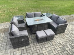 Rackhams 8 Seater Rattan Garden Furniture Set Outdoor Propane Gas Fire Pit Table and Sofa Chair set with 2 Side Tables 2 Small Footstools - thumbnail 2