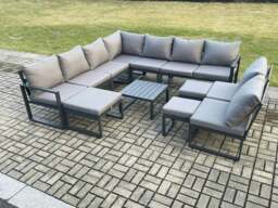 Rackhams 12 Seater Patio Outdoor Garden Furniture Aluminium Lounge Corner Sofa Set with Square Coffee Table with 3 Footstools Dark Grey - thumbnail 1