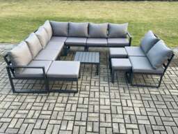Rackhams 12 Seater Patio Outdoor Garden Furniture Aluminium Lounge Corner Sofa Set with Square Coffee Table with 3 Footstools Dark Grey - thumbnail 2