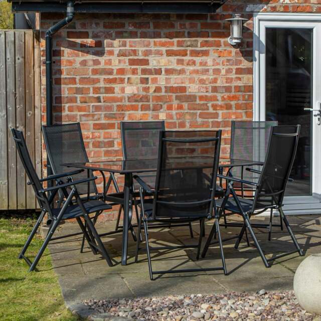 Rackhams Outdoor 6 Person Rectangular Glass Top Garden Patio Dining Table Chairs Set - Outdoor Furniture Sets - image 1