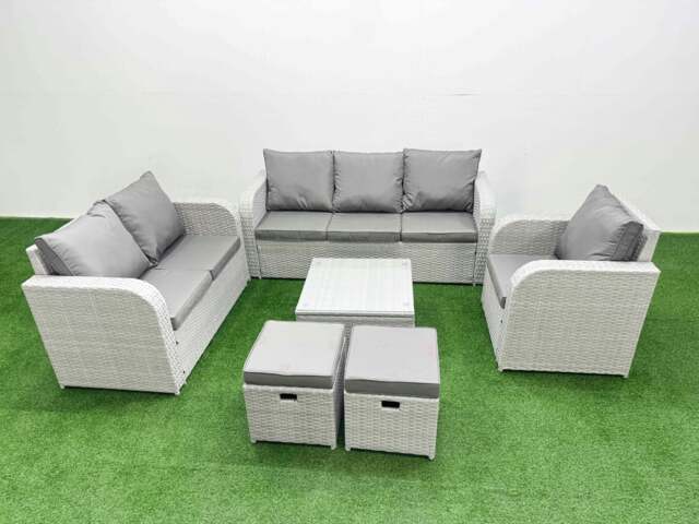 Rackhams Patio 8 Seater Outdoor Rattan Furniture Sofa Sets with Square Coffee Table Reclining Chair Loveseat Sofa 3 Seater Sofa Stool Light Grey - image 1