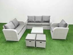 Rackhams Patio 8 Seater Outdoor Rattan Furniture Sofa Sets with Square Coffee Table Reclining Chair Loveseat Sofa 3 Seater Sofa Stool Light Grey - thumbnail 1