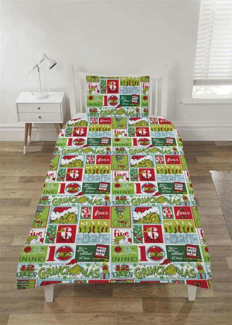 Rackhams The Grinch 12 Days of Christmas Duvet Cover Set Bedding - Green - Single - image 1