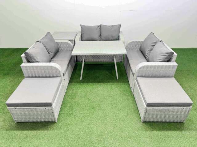 Rackhams Rattan Garden Furniture Dining Set 8 seater Patio Rectangular Table Love Sofa Set with Side Table 2 Big Stools - image 1