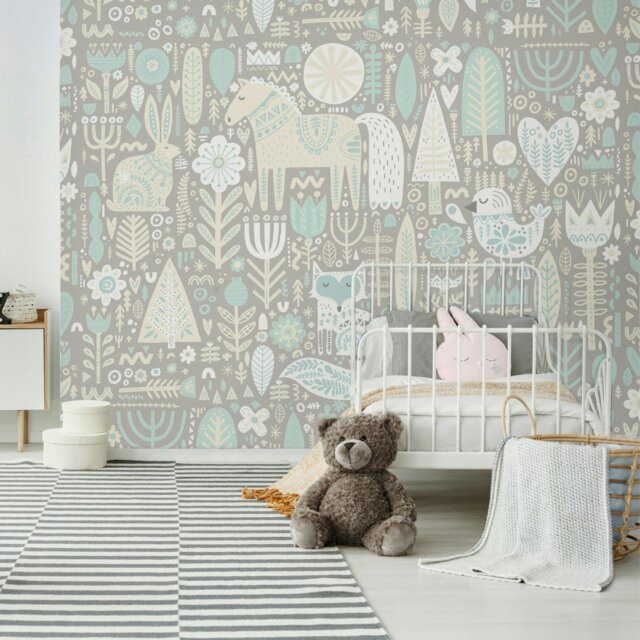 Rackhams Scandi Forest Animals Wall Mural - Grey - Large - W350cm x H280cm - image 1