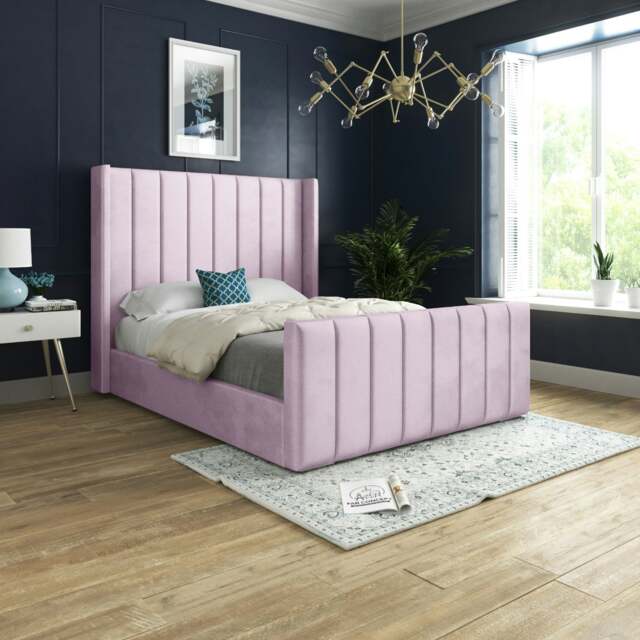 Rackhams Romano Straight Winged Upholstered Soft Velvet Bed Frame - Blue - Pink - Single - image 1