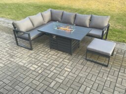 Rackhams Aluminium Outdoor Garden Furniture Corner Sofa Gas Fire Pit Dining Table Sets Gas Heater Burner with Big Footstool Dark Grey 7 Seater