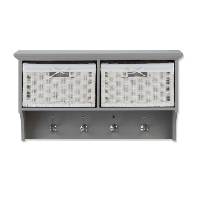 Rackhams Tetbury Hanging Shelf with 2 White Wicker Baskets. Wallmounted Coat Rack Assembled - Dove Grey, Grey - image 1