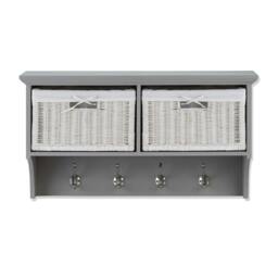 Rackhams Tetbury Hanging Shelf with 2 White Wicker Baskets. Wallmounted Coat Rack Assembled - Dove Grey, Grey - thumbnail 1