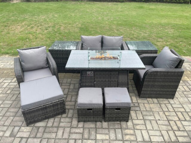 Rackhams Rattan Garden Furniture Set Outdoor Patio Gas Fire Pit Dining Table and Chairs with Love seat Sofa 3 Footstools 2 Side Tables - image 1