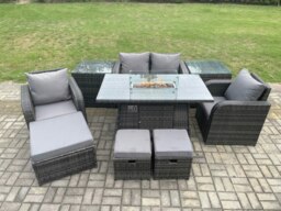 Rackhams Rattan Garden Furniture Set Outdoor Patio Gas Fire Pit Dining Table and Chairs with Love seat Sofa 3 Footstools 2 Side Tables - thumbnail 1