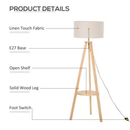 Rackhams Floor Lamp Bedside Light  Free Standing Tripod Holder Linen - thumbnail 5