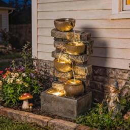 Rackhams Outdoor Fountain with LED Lights, Cascading Waterfall Feature - Rustic Brown - 31 x 25.5 x 72 cm - 1 - thumbnail 1