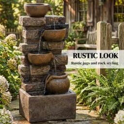 Rackhams Outdoor Fountain with LED Lights, Cascading Waterfall Feature - Rustic Brown - 31 x 25.5 x 72 cm - 1 - thumbnail 4