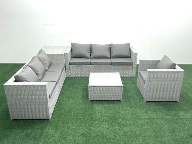 Rackhams Wicker PE Rattan Sofa Garden Furniture Set with Armchair Square Coffee Table Side Table Light Grey Mixed - image 1