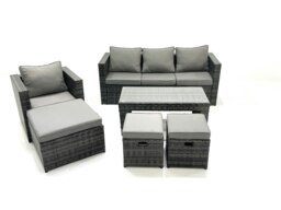 Rackhams Rattan Garden Furniture Set Outdoor Lounger Sofa with Coffee Table Armchair 3 Footstools Dark Grey Mixed - thumbnail 1