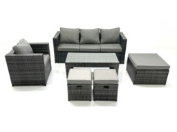 Rackhams Rattan Garden Furniture Set Outdoor Lounger Sofa with Coffee Table Armchair 3 Footstools Dark Grey Mixed - thumbnail 2