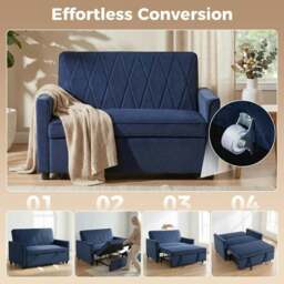 Rackhams 2 Seater Sofa Bed, 3-in-1 Convertible Pull Out Sleeper Sofa with Click-Clack Adjustable Backrest, Dark Blue - Dark Blue - thumbnail 4