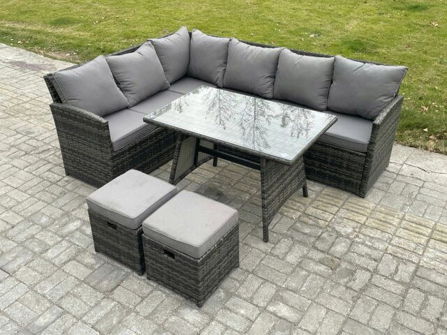 Rackhams Wicker Rattan Garden Furniture Corner Sofa Set with Oblong Dining Table 2 Small Footstools 8 Seater Outdoor Rattan Set Dark Grey Mixed - image 1