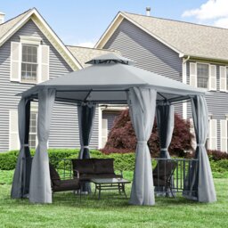 Rackhams 3 x 3(m) Gazebo Canopy 2 Tier Patio Shelter Steel for Garden Brown - Grey - Steel, polyester fabrics - 331cm x 331cm x 286H cm - thumbnail 1