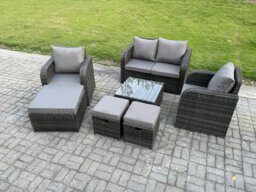 Rackhams Rattan Garden Furniture Set Patio Conservatory Indoor Outdoor 7 Piece Set with Love Sofa Square Coffee Table 3 Footstools - thumbnail 2