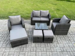 Rackhams Rattan Garden Furniture Set Patio Conservatory Indoor Outdoor 7 Piece Set with Love Sofa Square Coffee Table 3 Footstools - thumbnail 1