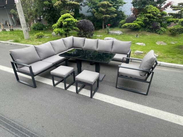 Rackhams Aluminium Outdoor Garden Furniture Corner Sofa Chair 2 Stools Rising Dining Table Set Black Tempered Glass Dark Grey 10 Seater
