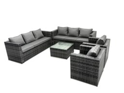 Rackhams 8 Seater Outdoor Rattan Garden Furniture Lounge Sofa Chair Table Set In Dark Grey - thumbnail 2