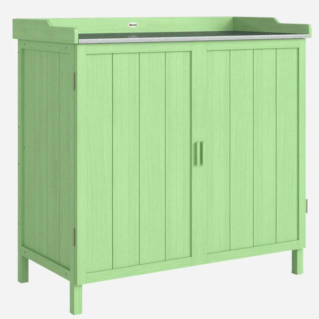Rackhams Wood Garden Storage Cabinet, Outdoor Tool Shed, Potting Bench Table with galvanised Top and Two Shelves for garden Tools or Pool Accessories, Green